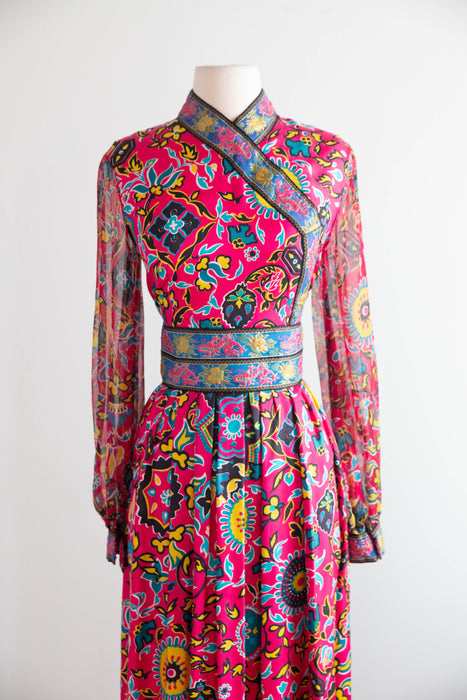 Fabulous 1960's Oscar de la Renta Asian Inspired Silk Maxi Dress / SM