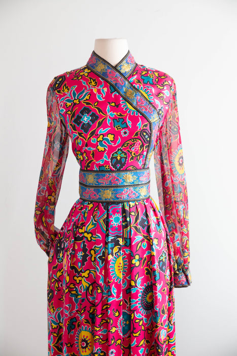 Fabulous 1960's Oscar de la Renta Asian Inspired Silk Maxi Dress / SM