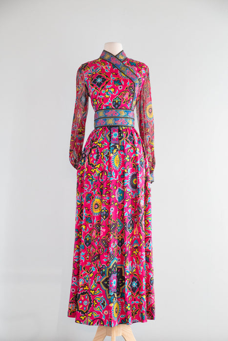 Fabulous 1960's Oscar de la Renta Asian Inspired Silk Maxi Dress / SM