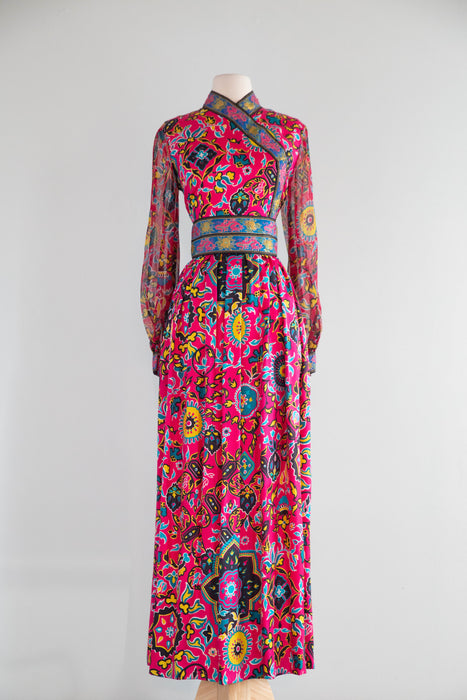 Fabulous 1960's Oscar de la Renta Asian Inspired Silk Maxi Dress / SM