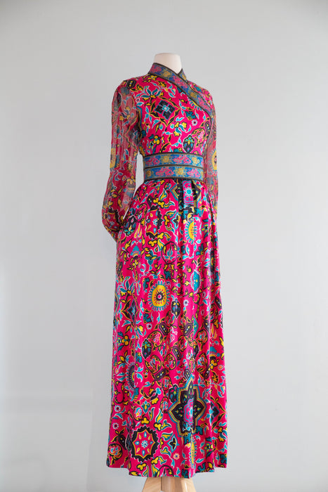 Fabulous 1960's Oscar de la Renta Asian Inspired Silk Maxi Dress / SM