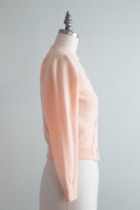 Pretty Baby Soft 1950's Lambswool Cardigan With Lace Applique / XS