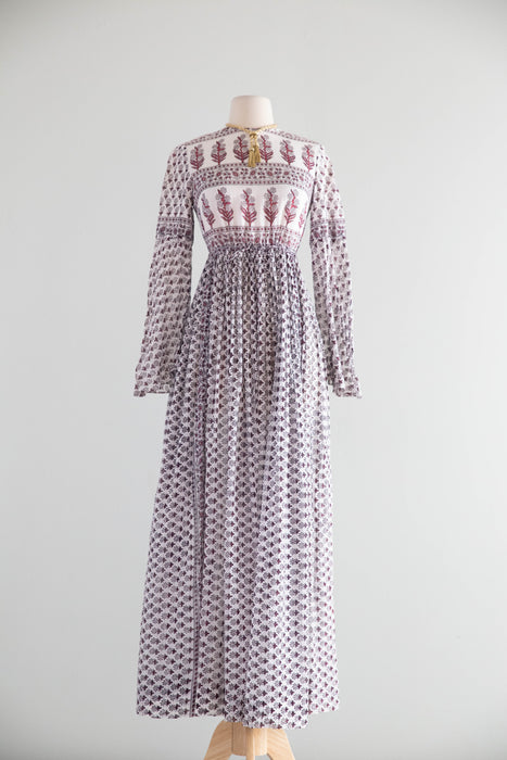 Fabulous 1970's Indian Block Print Cotton Gauze Maxi Dress / SM