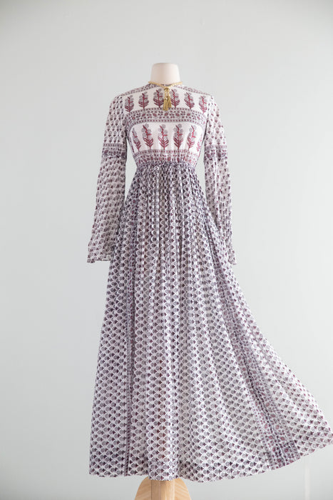 Fabulous 1970's Indian Block Print Cotton Gauze Maxi Dress / SM