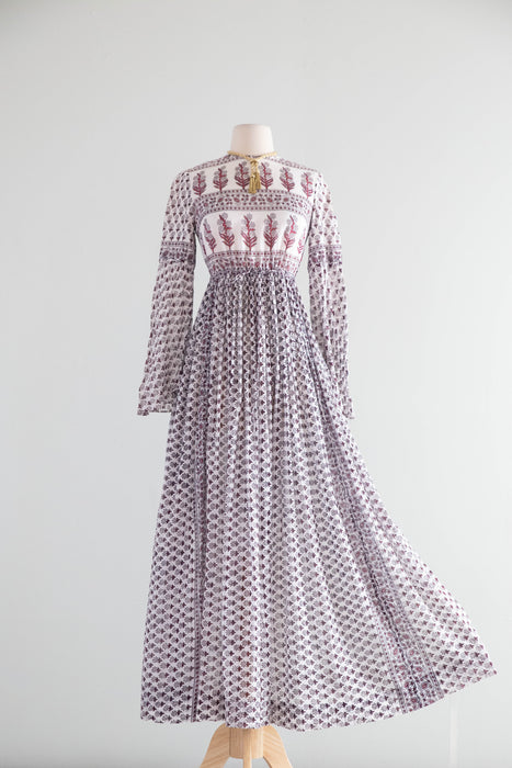 Fabulous 1970's Indian Block Print Cotton Gauze Maxi Dress / SM