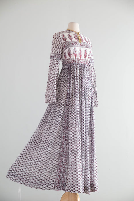 Fabulous 1970's Indian Block Print Cotton Gauze Maxi Dress / SM