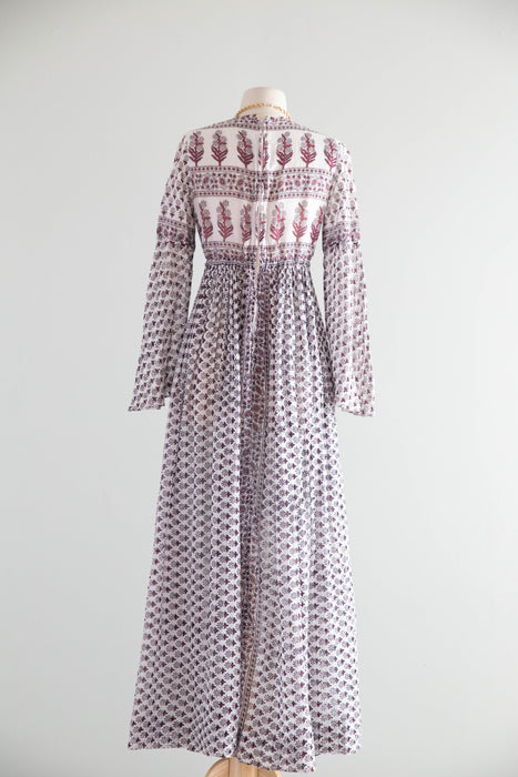 Fabulous 1970's Indian Block Print Cotton Gauze Maxi Dress / SM