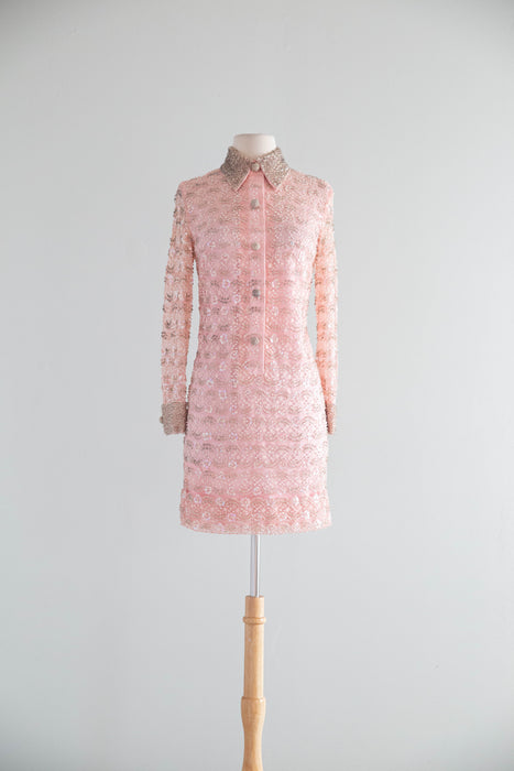 Fabulous 1960's Peony Pink Beaded Shift Dress / S