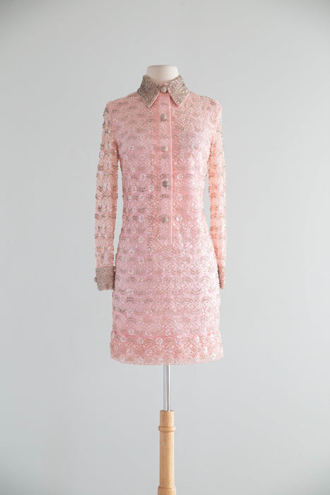 Fabulous 1960's Peony Pink Beaded Shift Dress / S