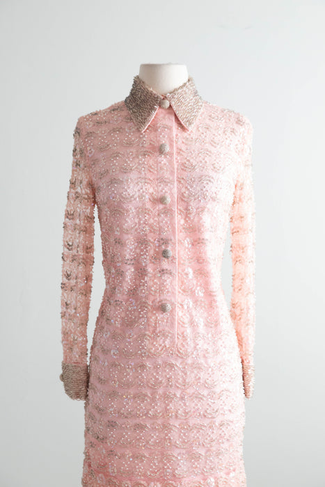 Fabulous 1960's Peony Pink Beaded Shift Dress / S