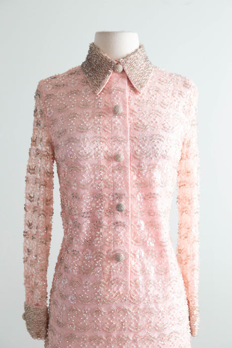 Fabulous 1960's Peony Pink Beaded Shift Dress / S