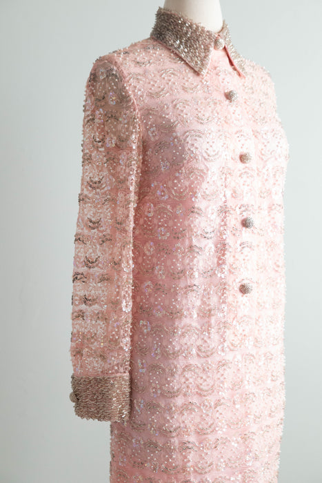 Fabulous 1960's Peony Pink Beaded Shift Dress / S