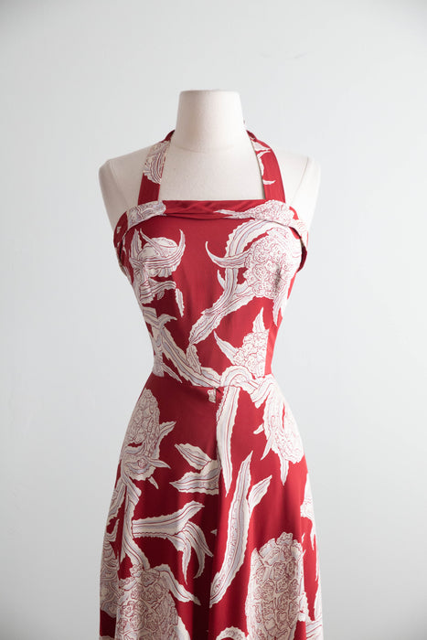 Glamorous 1940's Kamehameha Hawaiian Print Halter Dress In Cold Rayon / SM