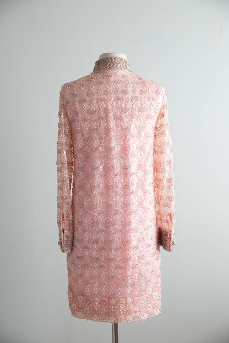 Fabulous 1960's Peony Pink Beaded Shift Dress / S