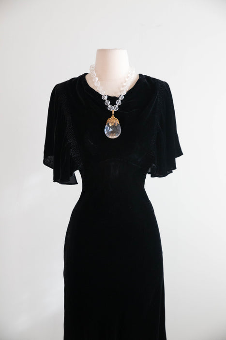 Elegant 1930's Black Silk Velvet Bias Cut Evening Gown / SM