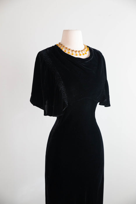 Elegant 1930's Black Silk Velvet Bias Cut Evening Gown / SM