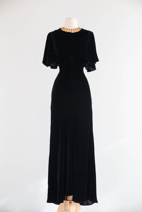 Elegant 1930's Black Silk Velvet Bias Cut Evening Gown / SM