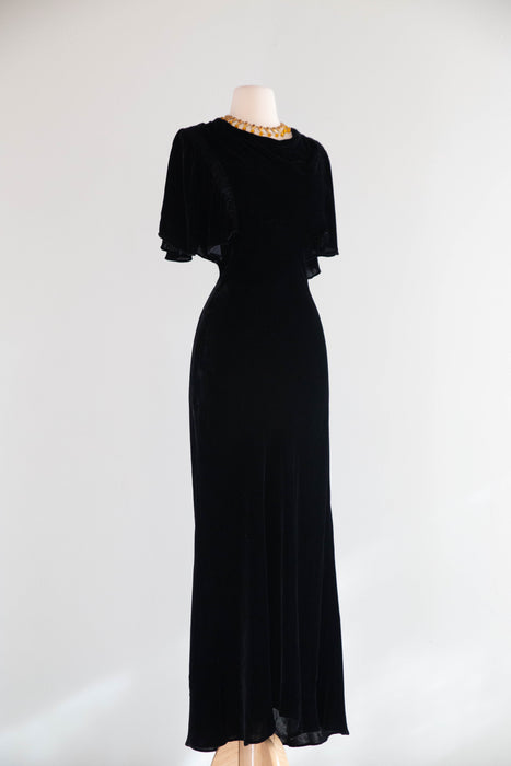 Elegant 1930's Black Silk Velvet Bias Cut Evening Gown / SM