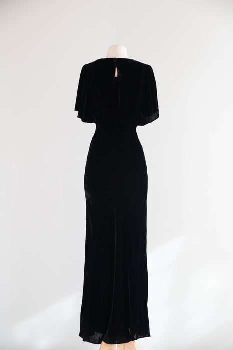 Elegant 1930's Black Silk Velvet Bias Cut Evening Gown / SM