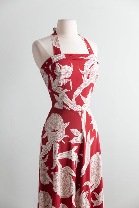 Glamorous 1940's Kamehameha Hawaiian Print Halter Dress In Cold Rayon / SM