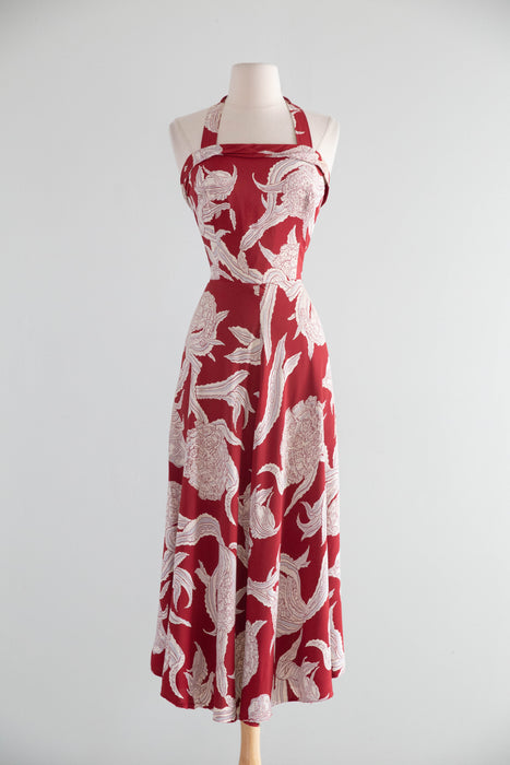 Glamorous 1940's Kamehameha Hawaiian Print Halter Dress In Cold Rayon / SM