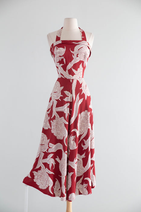 Glamorous 1940's Kamehameha Hawaiian Print Halter Dress In Cold Rayon / SM