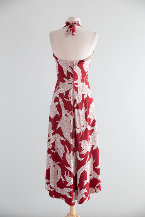 Glamorous 1940's Kamehameha Hawaiian Print Halter Dress In Cold Rayon / SM