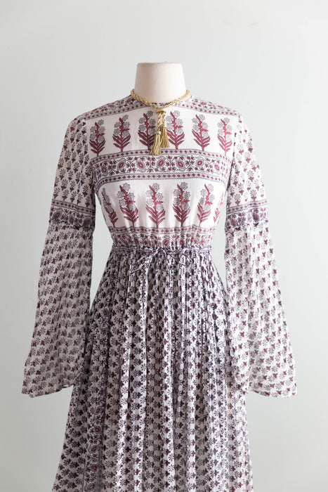 Fabulous 1970's Indian Block Print Cotton Gauze Maxi Dress / SM