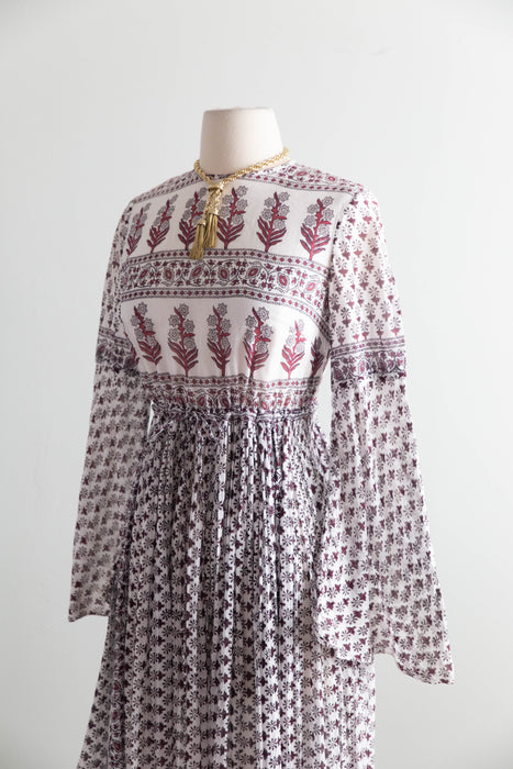 Fabulous 1970's Indian Block Print Cotton Gauze Maxi Dress / SM
