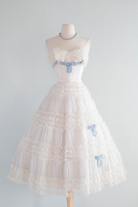 white dress with blue bows Ivory Tulle Flower Girl Dress, Navy Sash Wedding Outfit