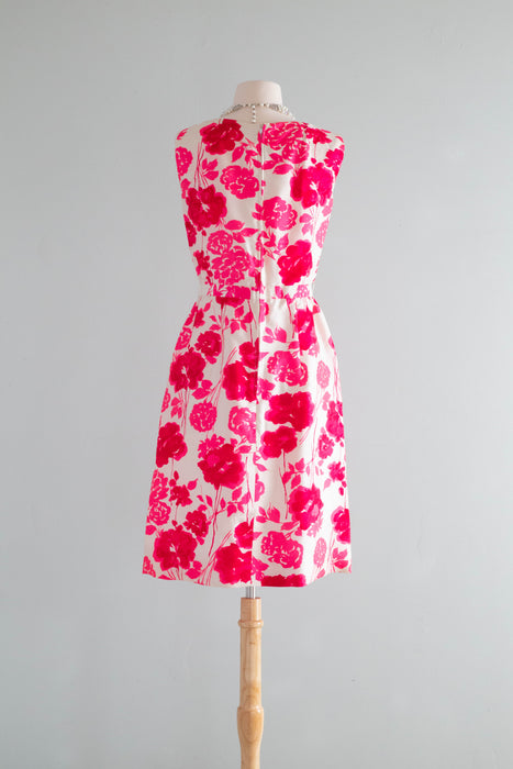 Fabulous 1960's Pink & Red Silk Rose Print Dress By Jerry Silverman / Medium