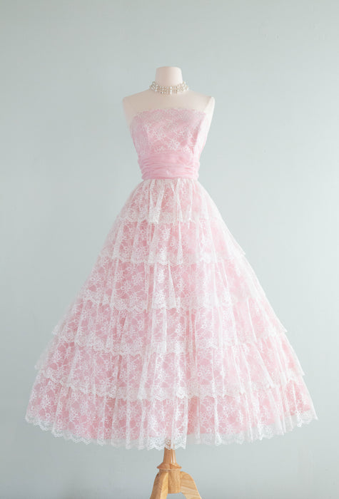 Enchanted 1950's Ruffled Lace Prom Dress In Cotton Candy Pink / SM Xtabay Vintage Enchanted 1950's Ruffled Lace Prom Dress In Cotton Candy Pink / SM Xtabay Vintage