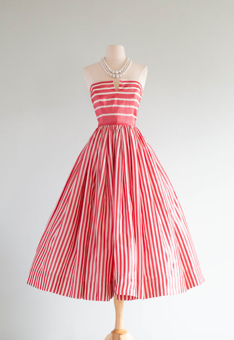 1950's Cherry Striped Taffeta Party Dress / Small