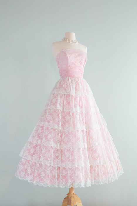 Enchanted 1950's Ruffled Lace Prom Dress In Cotton Candy Pink / SM Xtabay Vintage Enchanted 1950's Ruffled Lace Prom Dress In Cotton Candy Pink / SM Xtabay Vintage