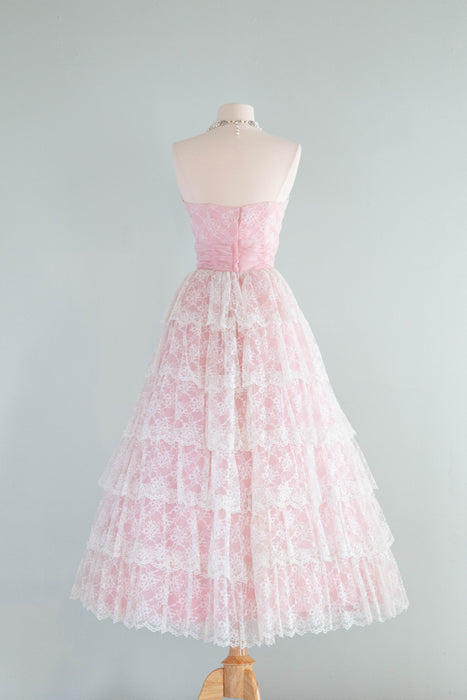 50s pink prom dress Vintage 50s Strapless Boned Tulle Cloud Pink Prom Dress Formal, Frothy Tulle, Velvet Vintage Millinery Flower, Professionally Dry Cleaned