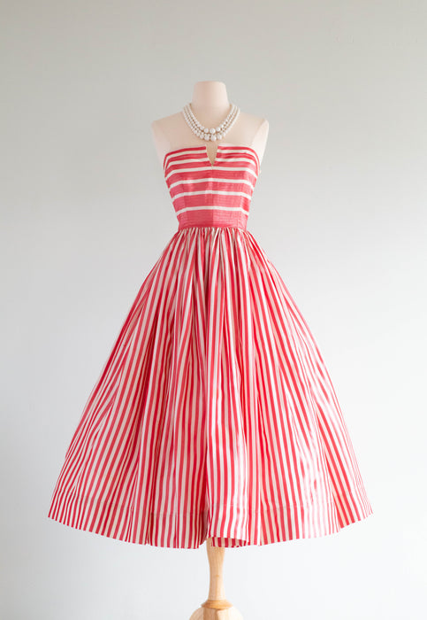 1950's Cherry Striped Taffeta Party Dress / Small