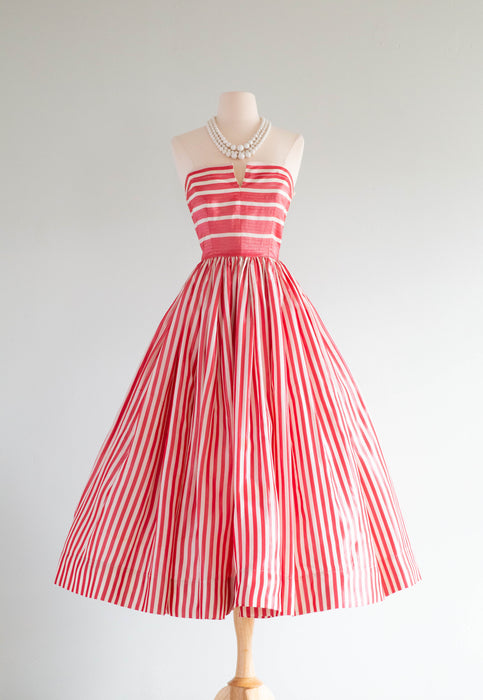 1950's Cherry Striped Taffeta Party Dress / Small Xtabay Vintage 1950's Cherry Striped Taffeta Party Dress / Small Xtabay Vintage