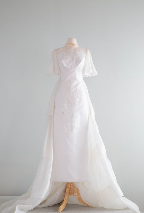 Spectacular 1960's Flutter Sleeve Wedding Gown With Massive Detachable Train / SM