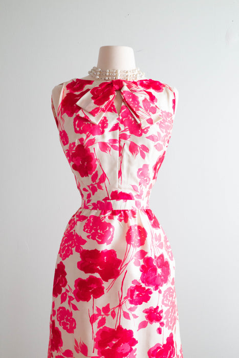 Fabulous 1960's Pink & Red Silk Rose Print Dress By Jerry Silverman / Medium