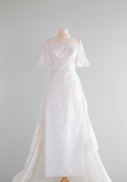 Spectacular 1960's Flutter Sleeve Wedding Gown With Massive Detachable Train / SM