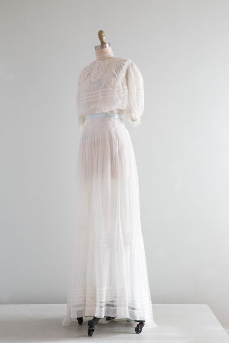 Ethereal Edwardian Touch of Blue English Net Wedding Gown / XS