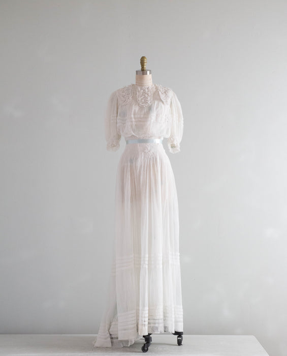 Ethereal Edwardian Touch of Blue English Net Wedding Gown / XS