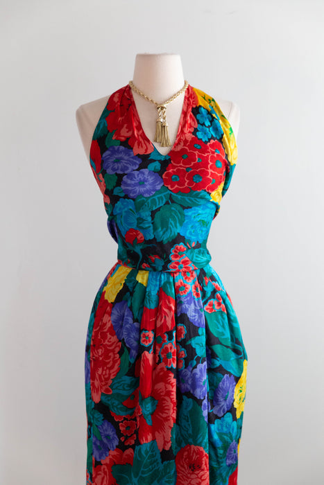 Fabulous Vintage Oscar de la Renta Blooming Silk Floral Halter Dress / M