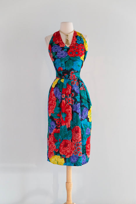 Fabulous Vintage Oscar de la Renta Blooming Silk Floral Halter Dress / M