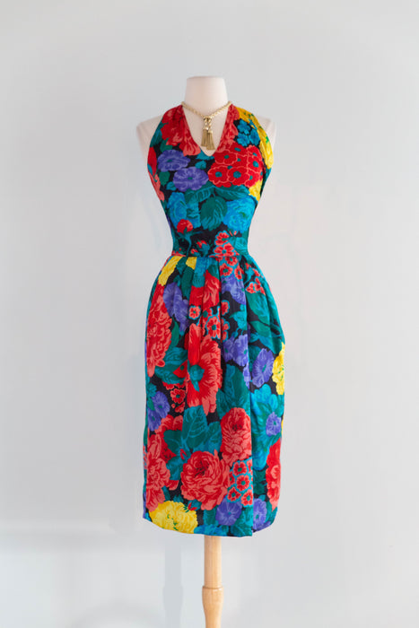 Fabulous Vintage Oscar de la Renta Blooming Silk Floral Halter Dress / M