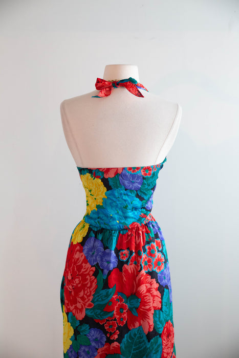 Fabulous Vintage Oscar de la Renta Blooming Silk Floral Halter Dress / M