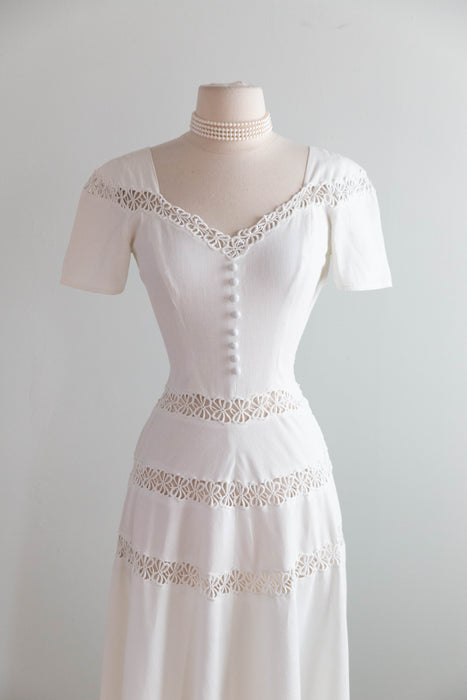 The Sweetest 1940's Cotton Pique Wedding Gown With Lace Insets & Full Skirt / SM