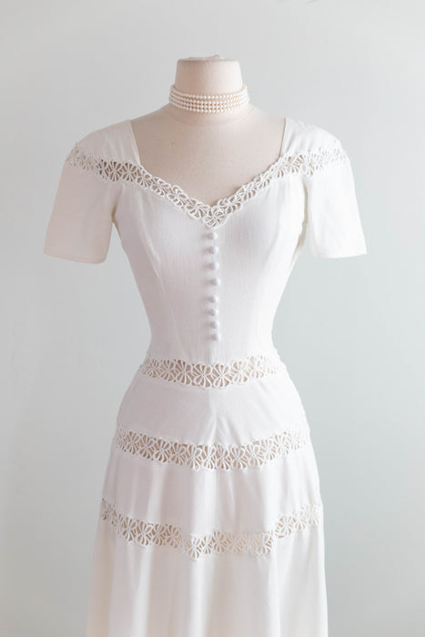 The Sweetest 1940's Cotton Pique Wedding Gown With Lace Insets & Full Skirt / SM