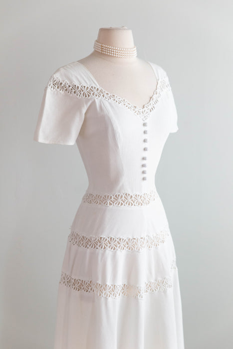 The Sweetest 1940's Cotton Pique Wedding Gown With Lace Insets & Full Skirt / SM