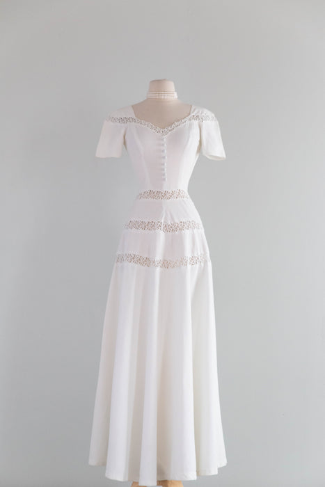 The Sweetest 1940's Cotton Pique Wedding Gown With Lace Insets & Full Skirt / SM